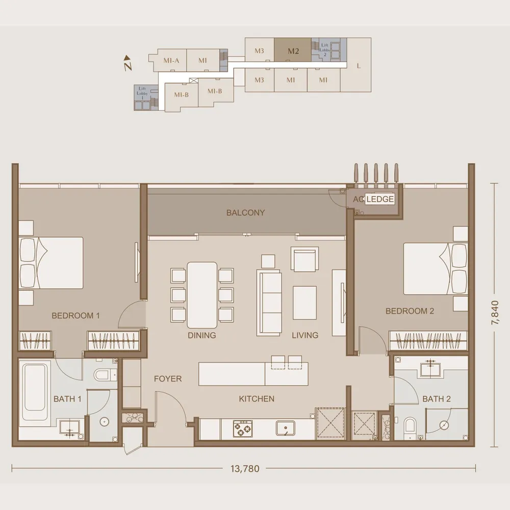 111 Menerung Type M2 floor plan, 1,163 sq ft (108 m²)