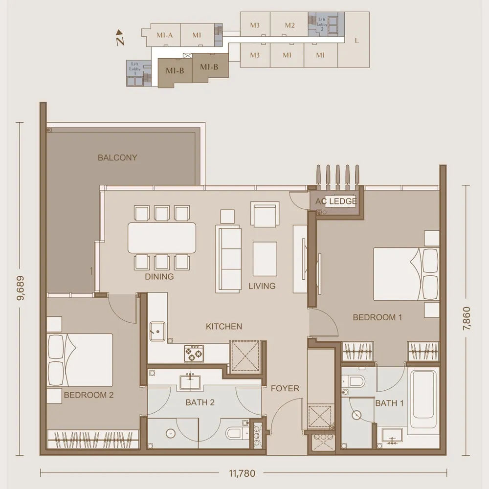 111 Menerung Type M1-B floor plan, 1,087 sq ft (101 m²)