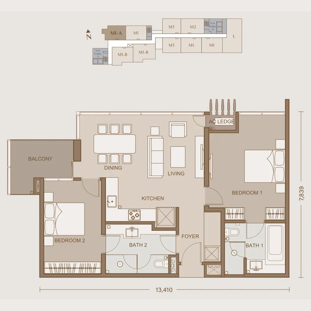 111 Menerung Type M1-A floor plan, 1,012 sq ft (94 m²)