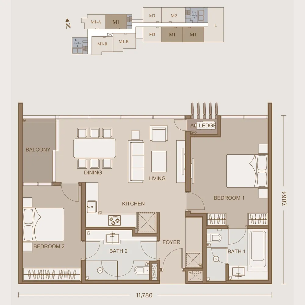 111 Menerung Type M1 floor plan, 1,001 sq ft (93 m²)