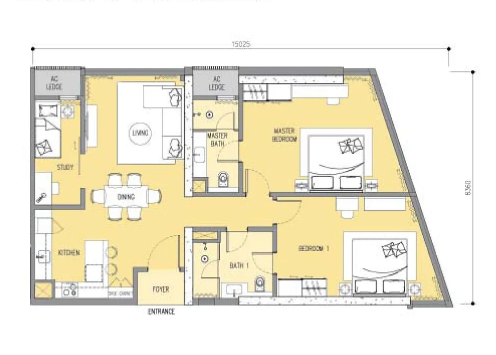 Ascott Star Residence Type D floor plan, 1,206 sq ft (112 m²)