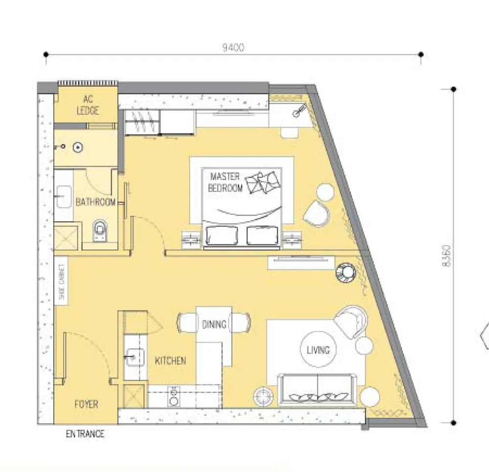 Ascott Star Residence Type A1 floor plan, 700 / 711 sq ft
