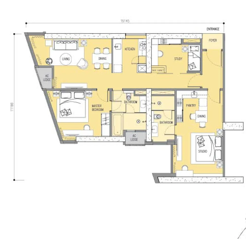 Ascott Star Residence Type E1 dual key floor plan, 1,335 sq ft (124 m²)