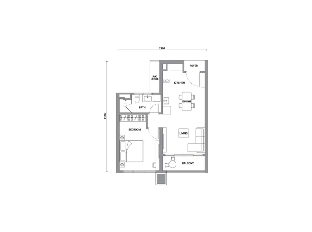 Enlace Suites 2 Type B floor plan, 613 sq ft (57 m²)