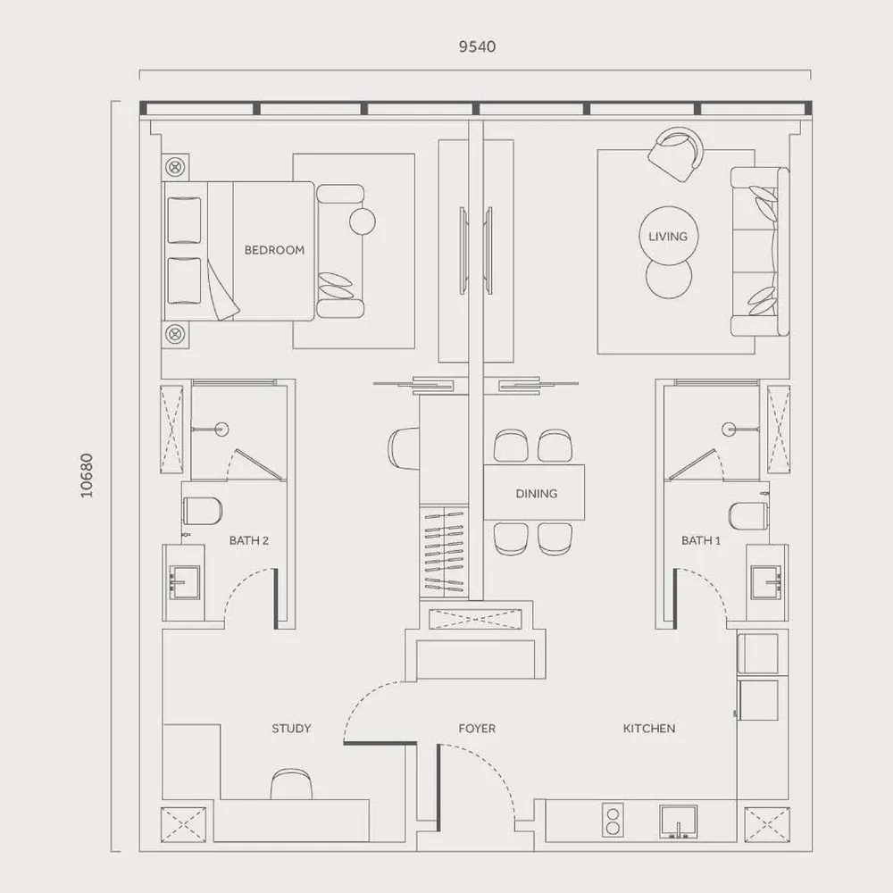 CloutHaus Type B floor plan, 1,098 sq ft (102 m²)