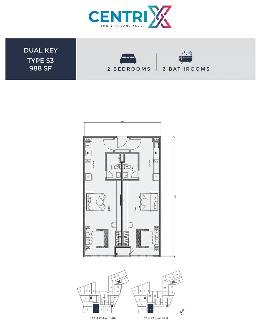Centrix The Station Type S3 floor plan, 988 sq ft (92 m²)