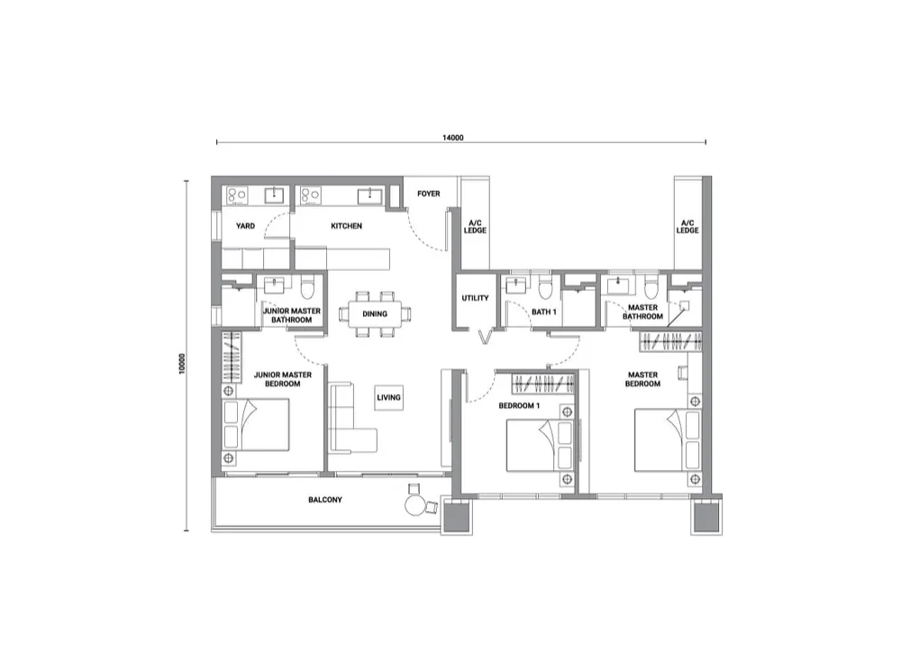 Enlace Suites 2 Type D1 floor plan, 1,227 sq ft (114 m²)