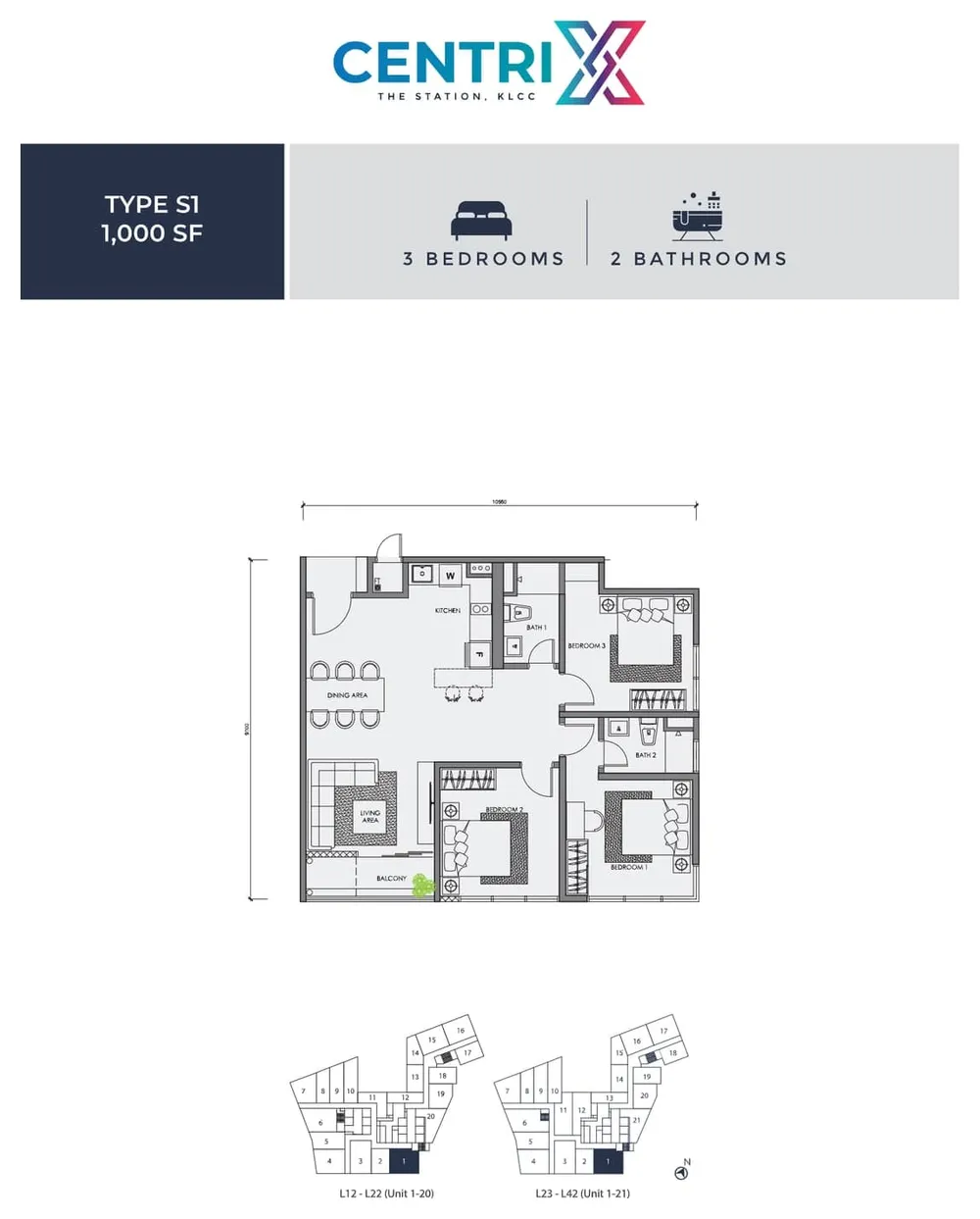 Centrix The Station Type S1 floor plan, 1,000 sq ft (93 m²)