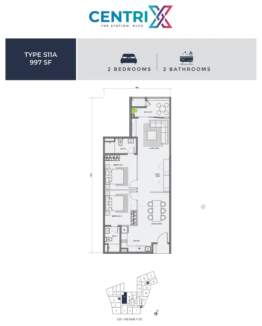 Centrix The Station Type S11A floor plan, 997 sq ft (93 m²)