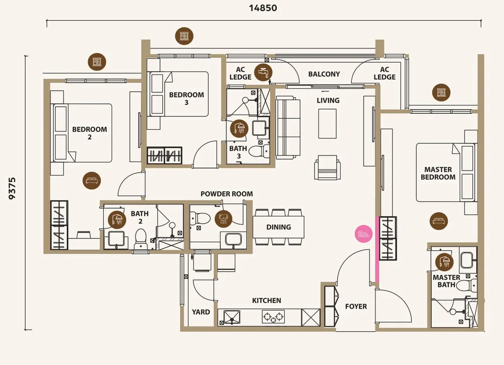 Lunar Seputeh Type C1 dual key floor plan, 1,280 sq ft (119 m²)