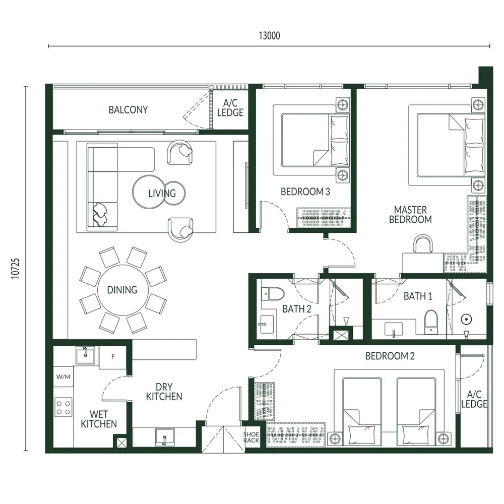 Park Green Pavilion Type D floor plan, 1,501 sq ft (139 m²)
