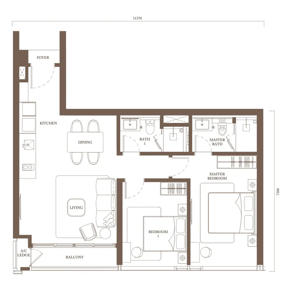 Pavilion Square Type C1 floor plan, 966 sq ft (90 m²)