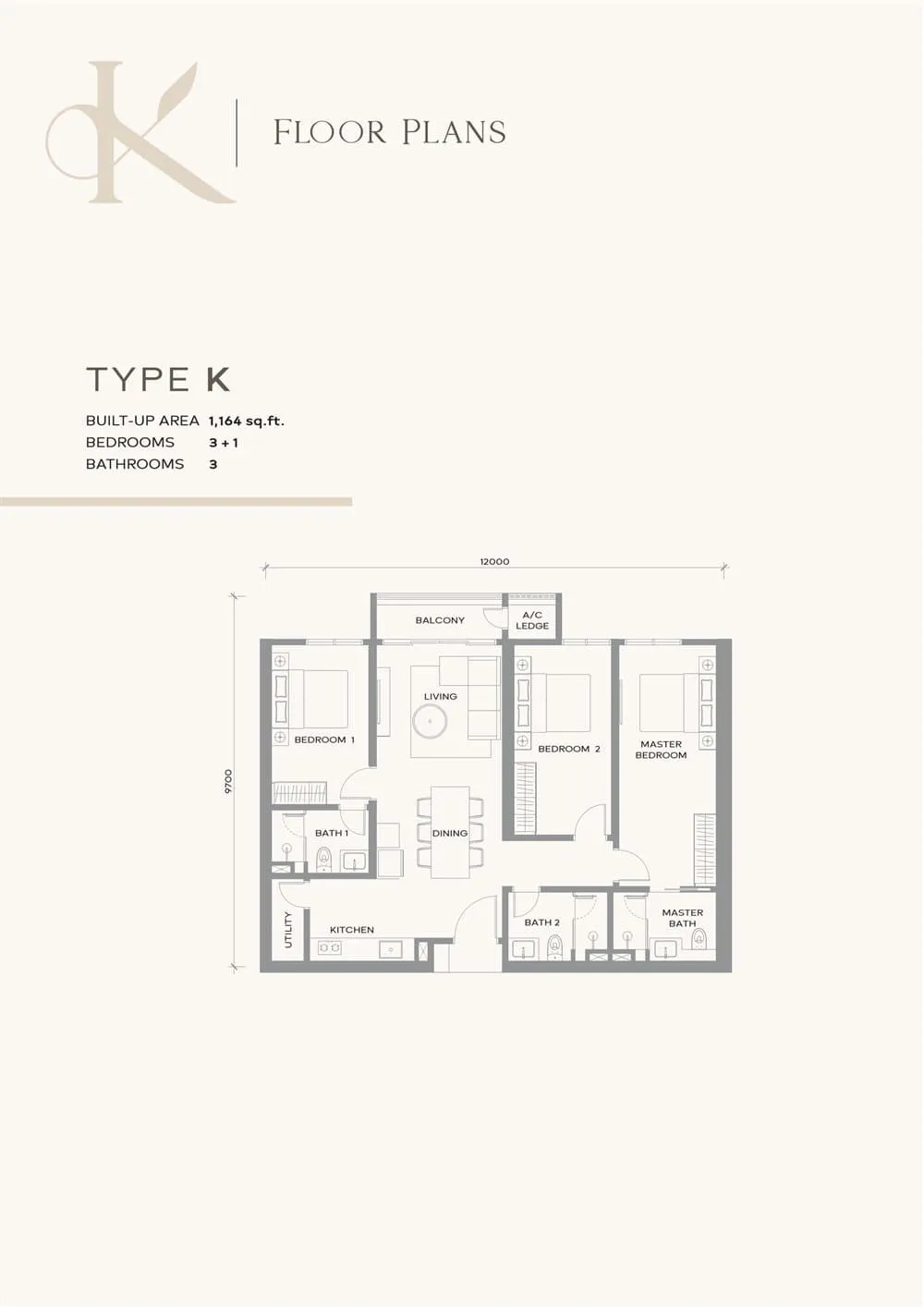 Khaya Residence Type K floor plan, 1,164 sq ft (108 m²)