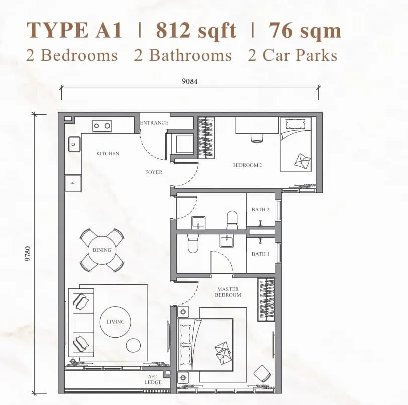 River Park Type A1 floor plan, 812 sq ft (75 m²)