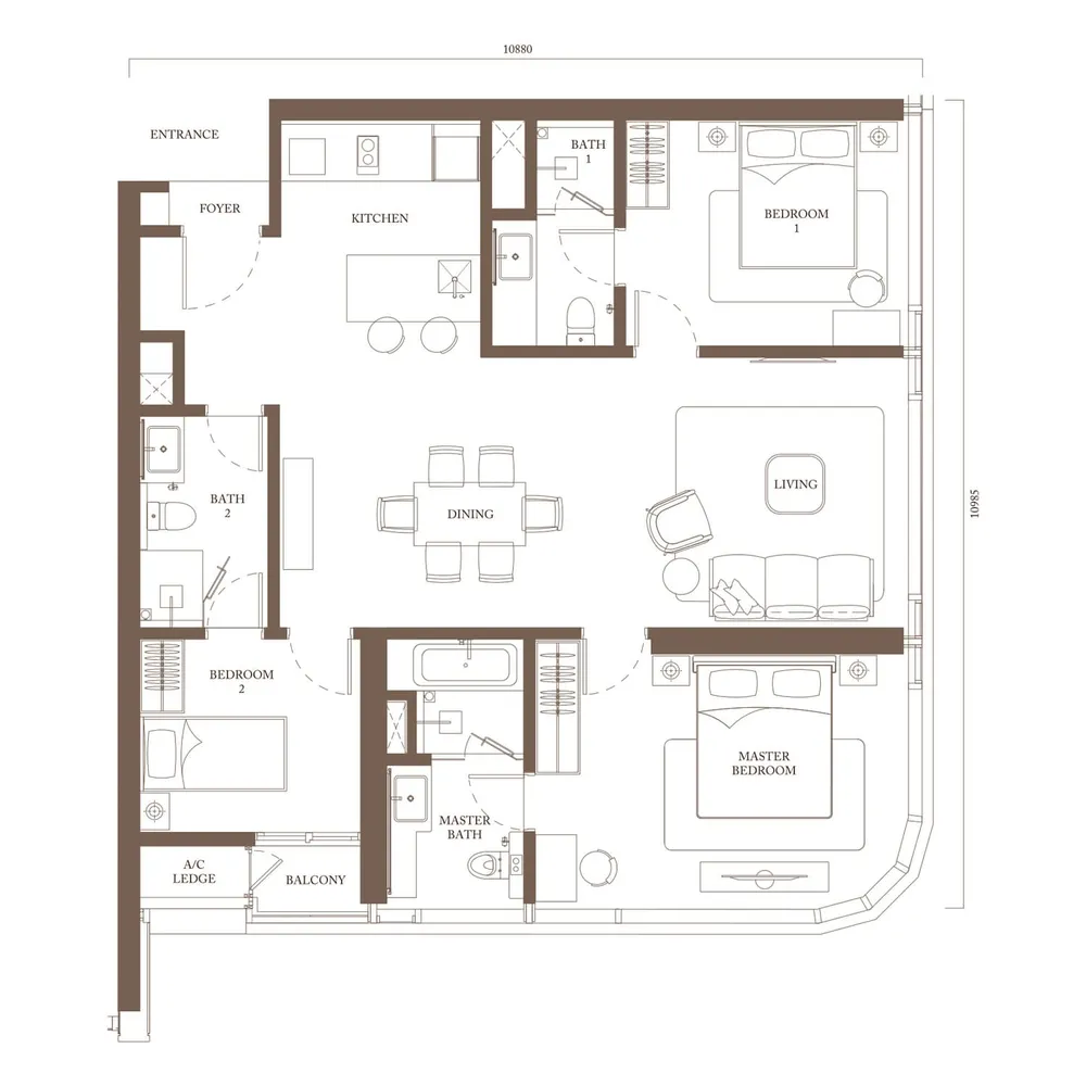 Pavilion Square Type D floor plan, 1,255 sq ft (117 m²)