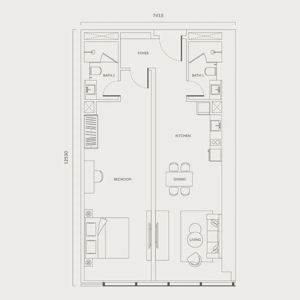 CloutHaus Type J floor plan, 1,001 sq ft (93 m²)