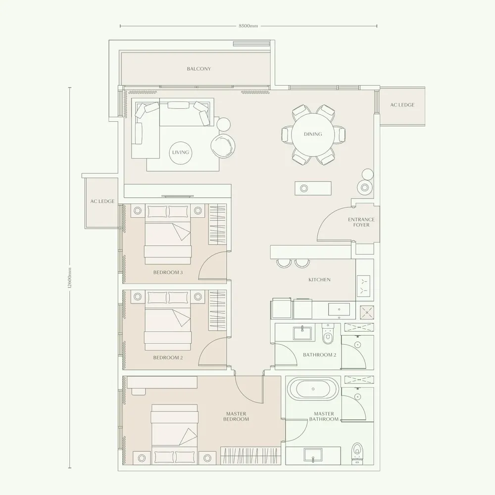 Parkside Residences Type E1 floor plan, 1,260 sq ft (117 m²)
