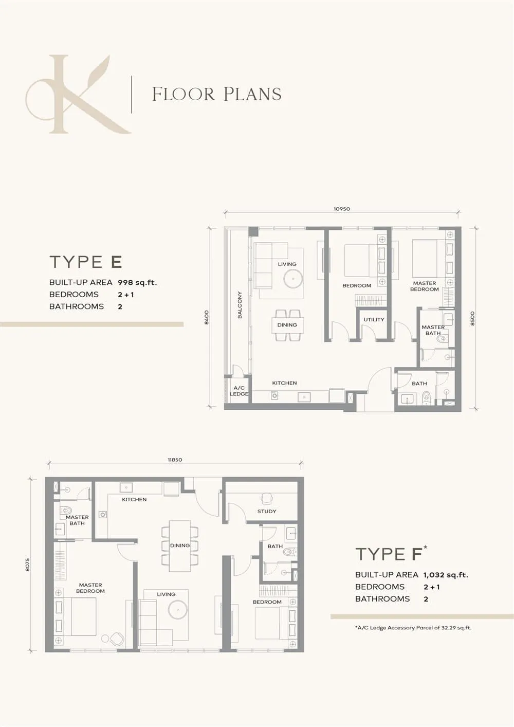 Khaya Residence Types E and F floor plan, 998 / 1,032 sq ft