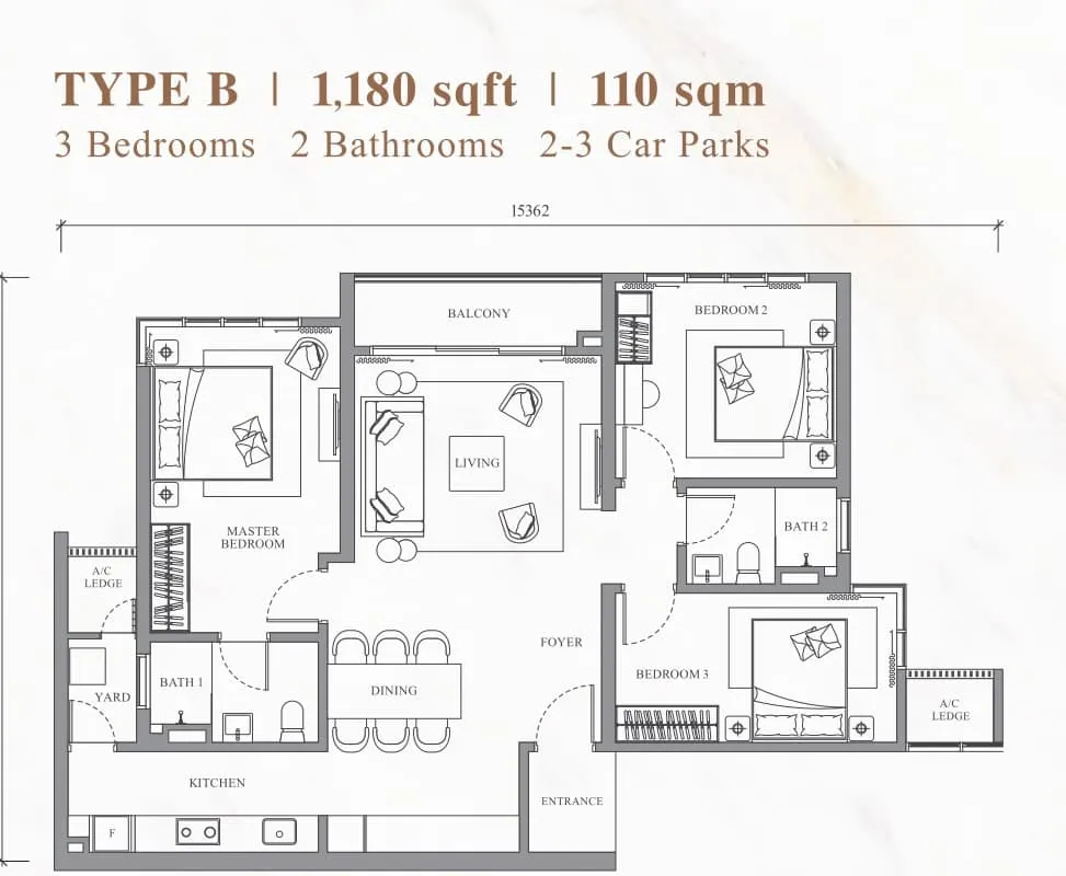River Park Type B floor plan, 1,180 sq ft (110 m²)