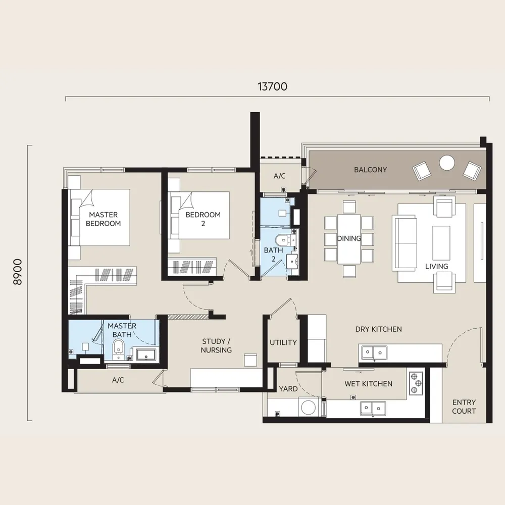 OAKA Residences Type B1 floor plan, 1,182 sq ft (110 m²)