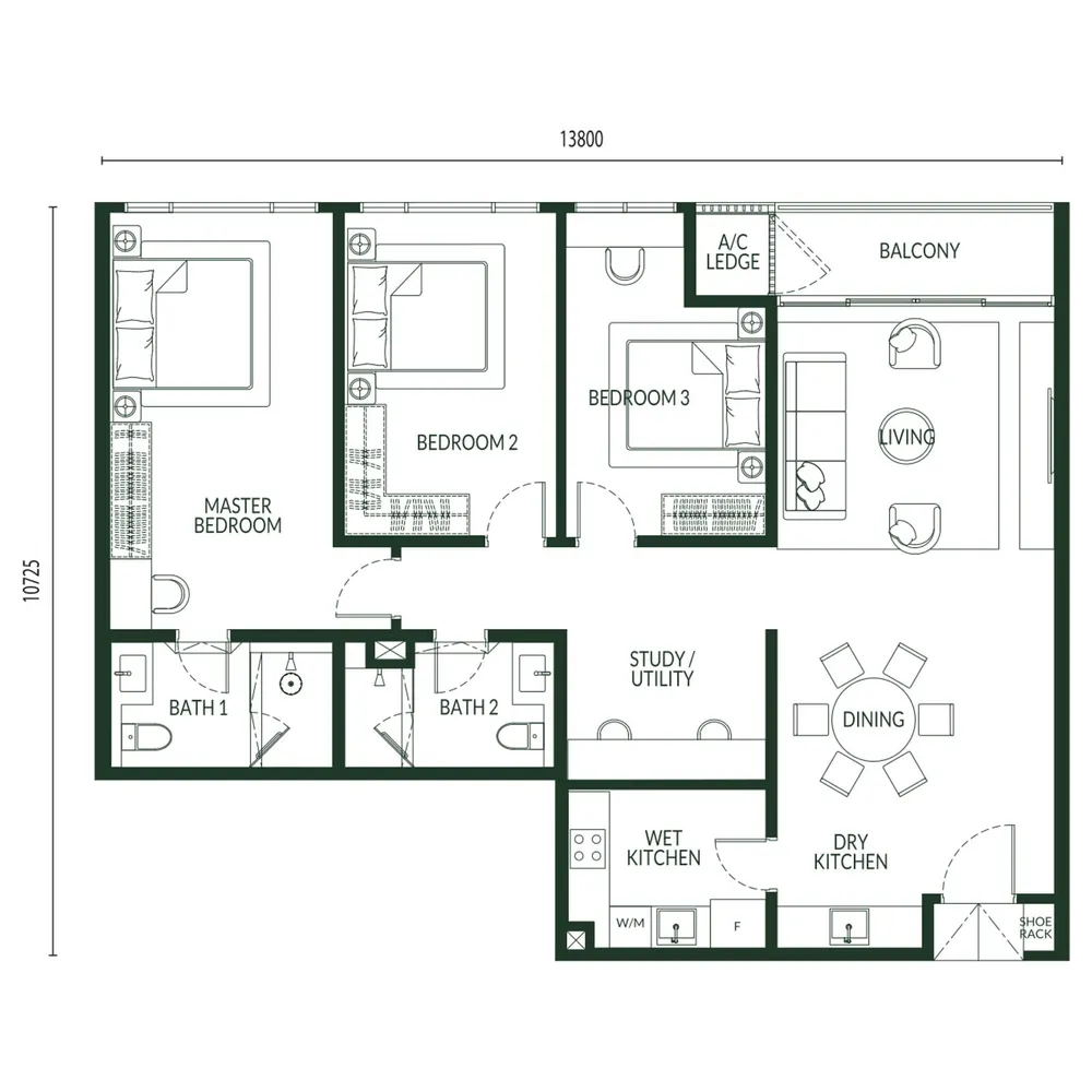 Park Green Pavilion Type B floor plan, 1,408 sq ft (131 m²)