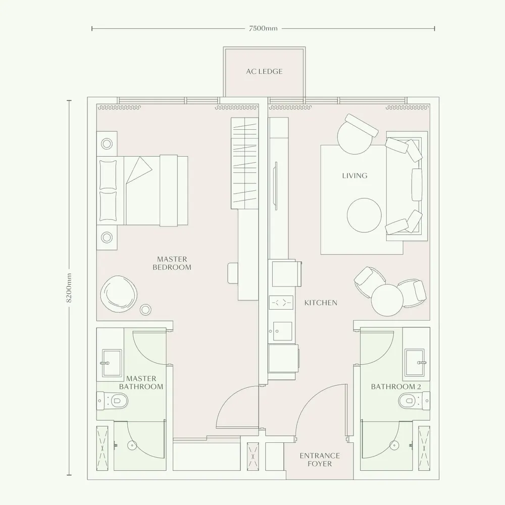 Parkside Residences Type B floor plan, 689 sq ft (64 m²)
