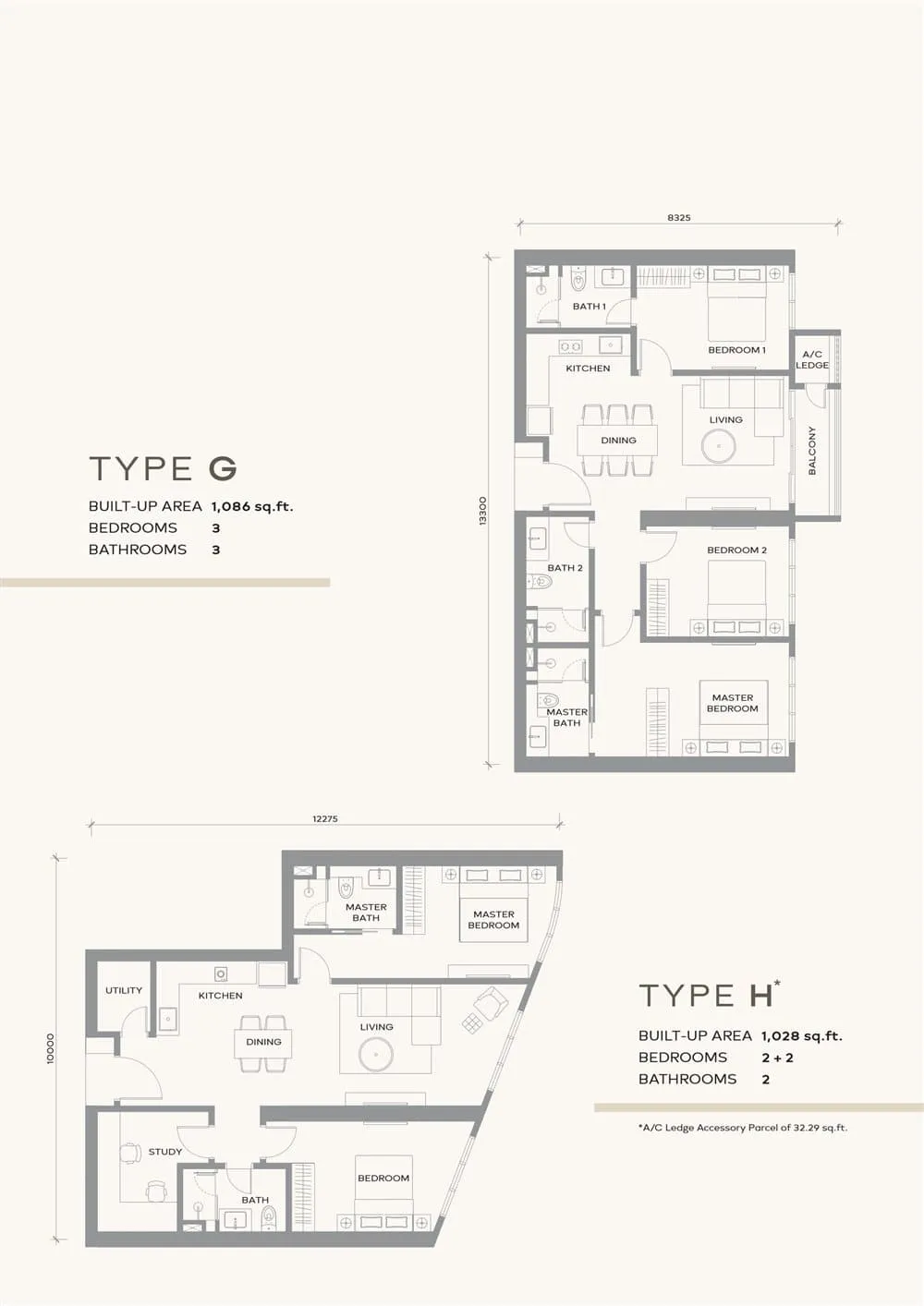 Khaya Residence Types G and H floor plan, 1,086 / 1,028 sq ft
