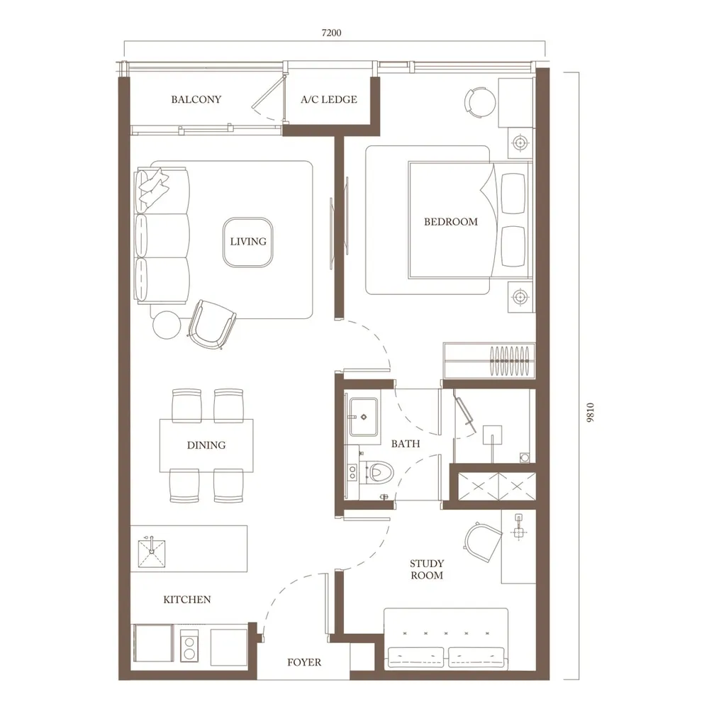 Pavilion Square Type B1 floor plan, 770 sq ft (72 m²)