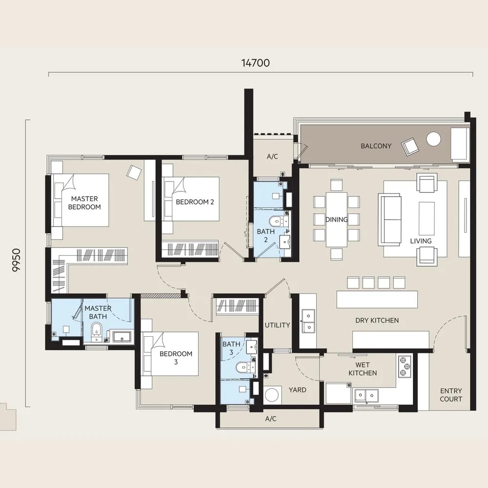 OAKA Residences Type C floor plan, 1,423 sq ft (132 m²)