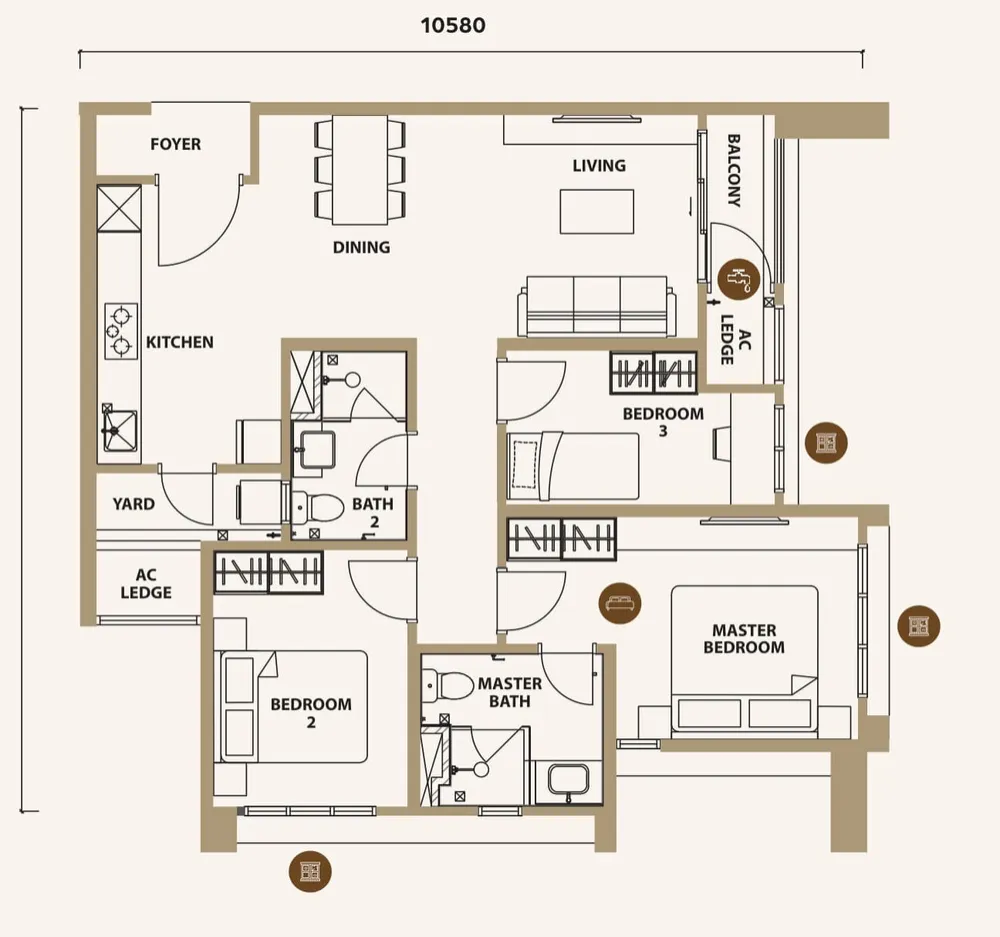 Lunar Seputeh Type B2 floor plan, 930 sq ft (86 m²)
