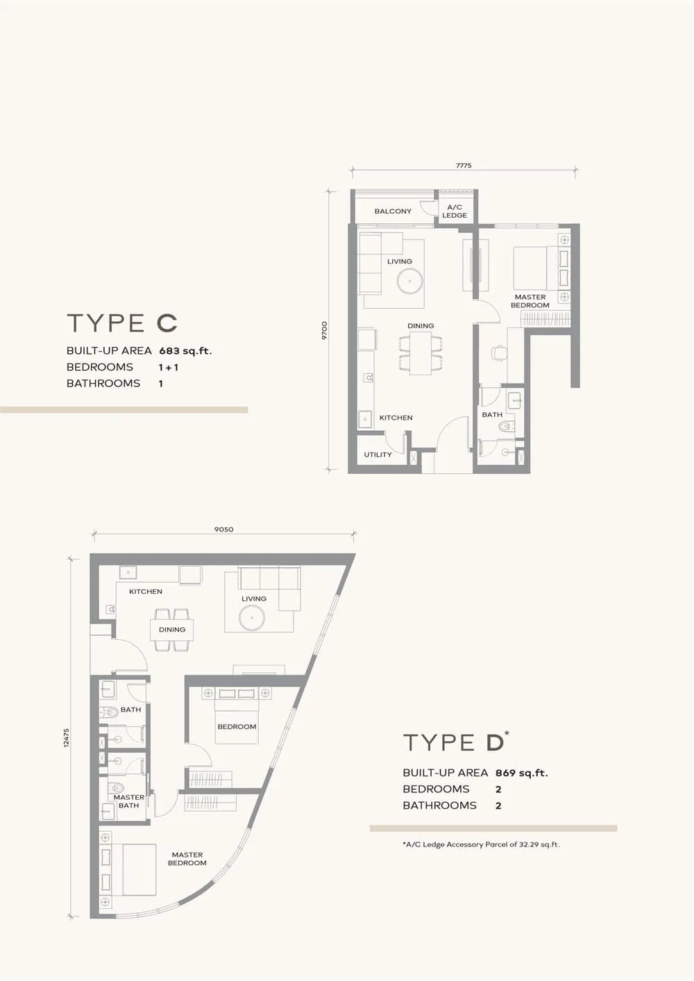 Khaya Residence Types C and D floor plan, 683 / 869 sq ft