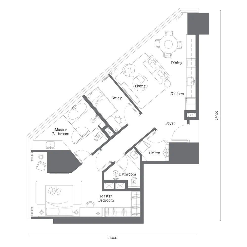 Oxley Towers Tower 2 · Type B5 floor plan, 1,033 sq ft (96 m²)