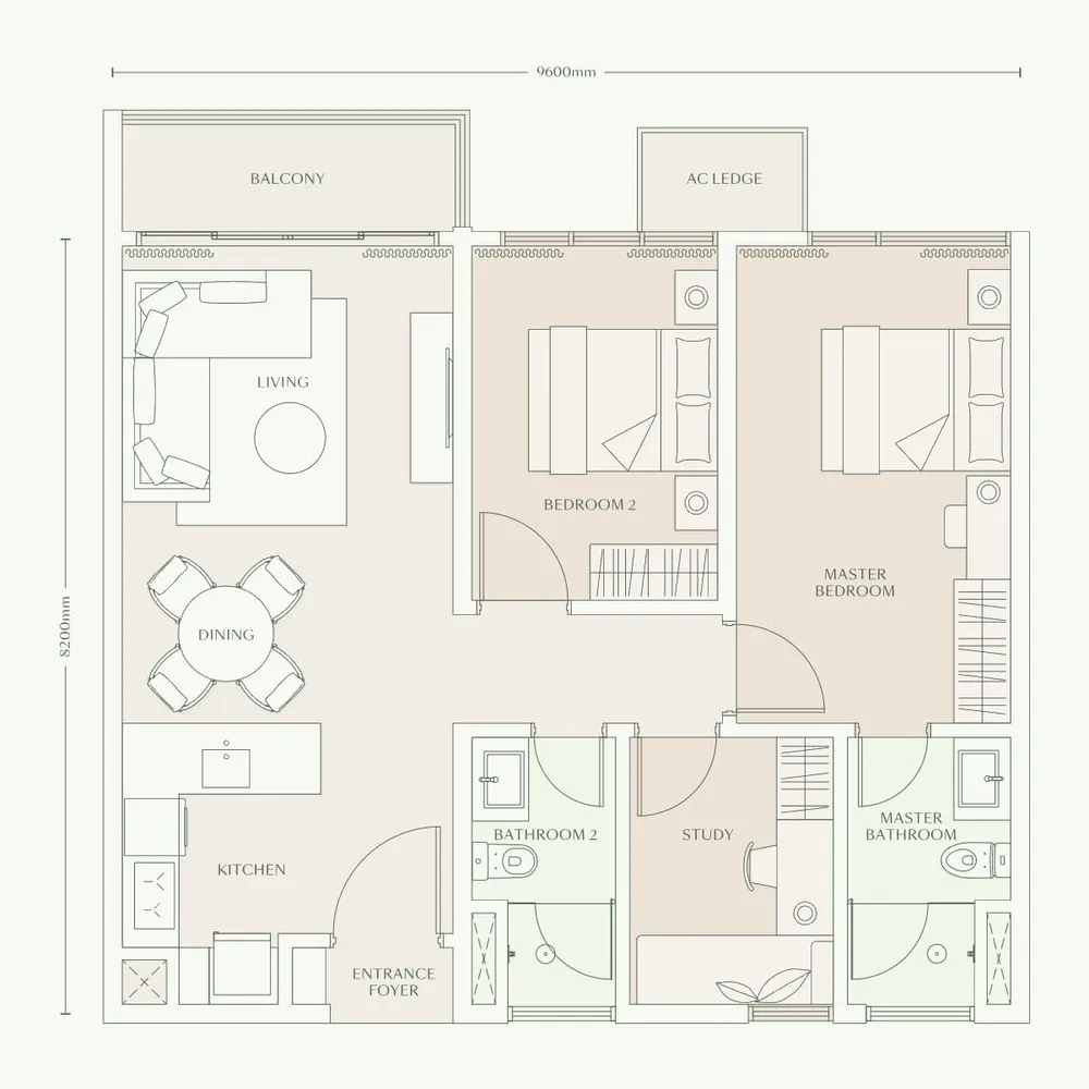 Parkside Residences Type D2 floor plan, 926 sq ft (86 m²)