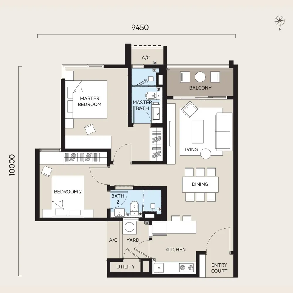 OAKA Residences Type A floor plan, 882 sq ft (82 m²)