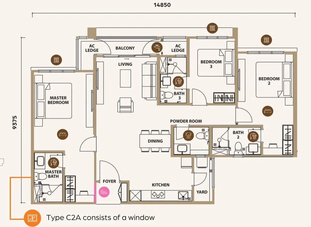 Lunar Seputeh Type C2 / C2A floor plan, 1,280 sq ft (119 m²)