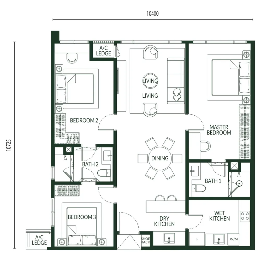Park Green Pavilion Type A floor plan, 1,201 sq ft (112 m²)