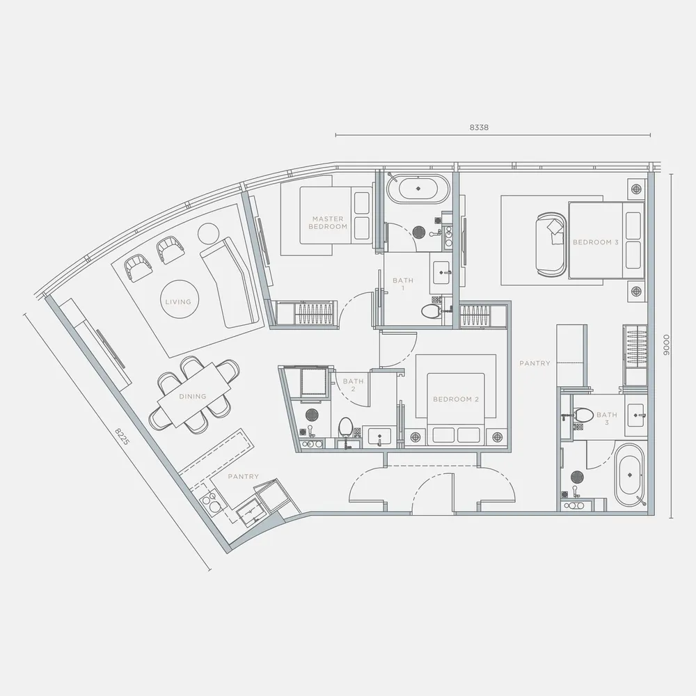 Orion Residence Type D2 dual key floor plan, 1,329 sq ft (123 m²)