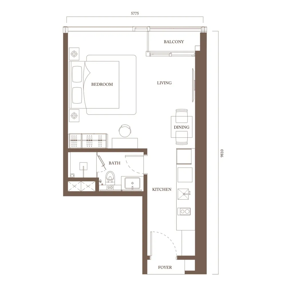 Pavilion Square Type A floor plan, 504 sq ft (47 m²)