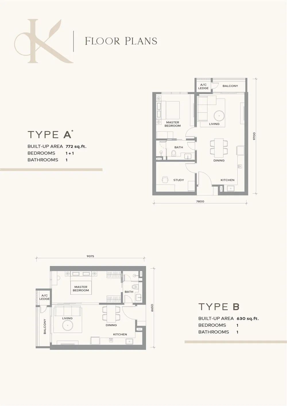 Khaya Residence Types A and B floor plan, 772 / 630 sq ft
