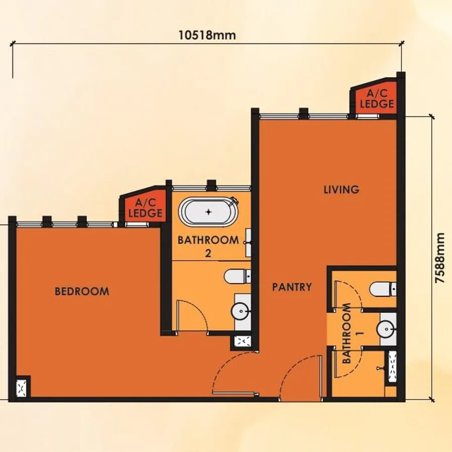 Phoeniz Suites Type B2 dual key (corner) floor plan, 678 sq ft (63 m²)