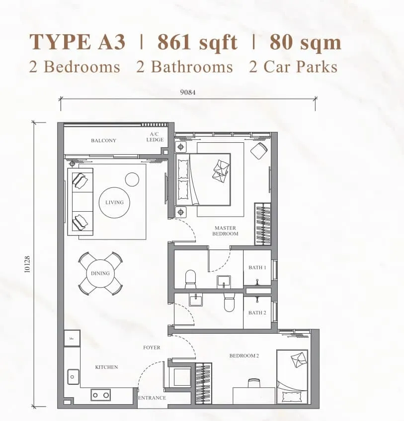 River Park Type A3 floor plan, 861 sq ft (80 m²)