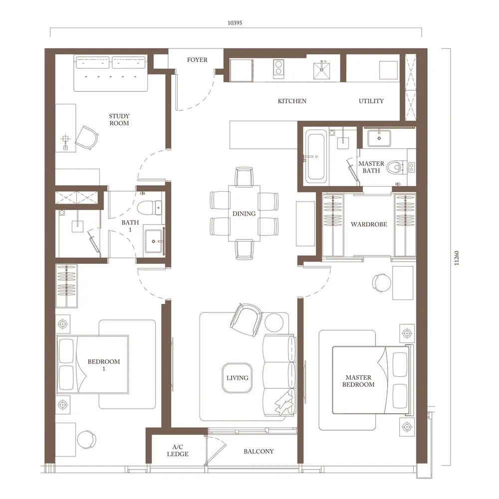Pavilion Square Type C4 floor plan, 1,272 sq ft (118 m²)