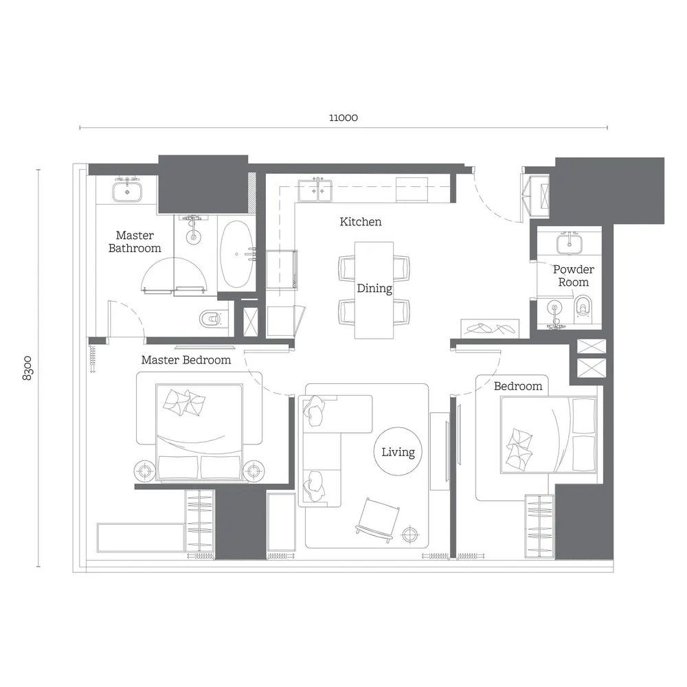 Oxley Towers Tower 2 · Type C2 floor plan, 980 sq ft (91 m²)