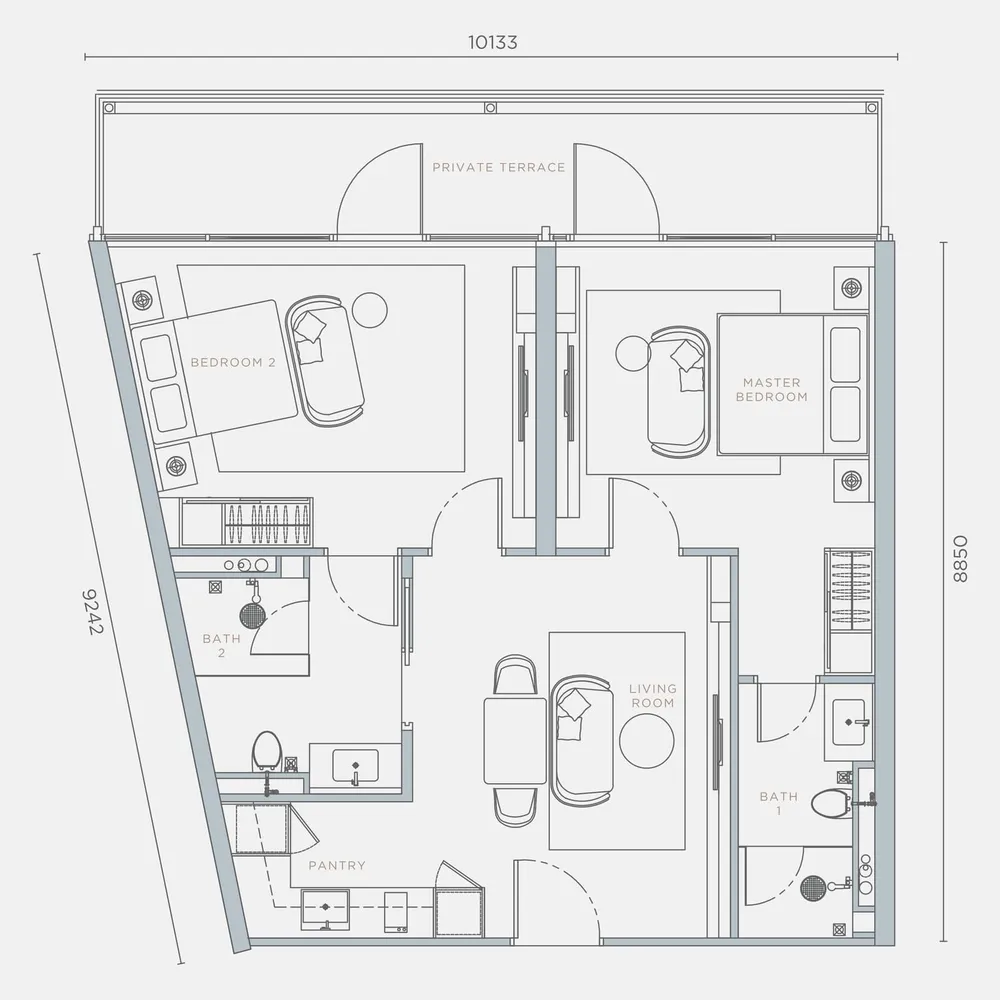 Orion Residence Type C5-T with terrace floor plan, 1,077 sq ft (100 m²)
