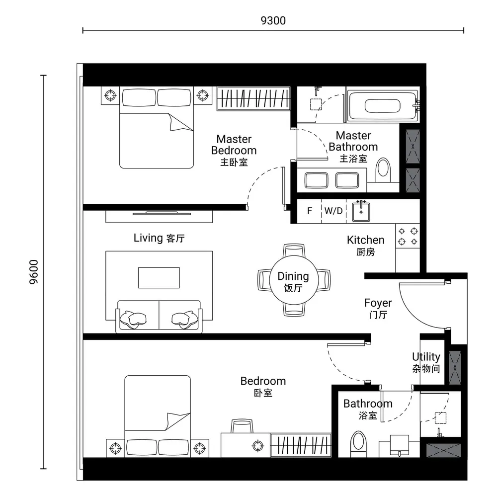 Oxley Towers Tower 1 · Type D-1 floor plan, 903 sq ft (84 m²)