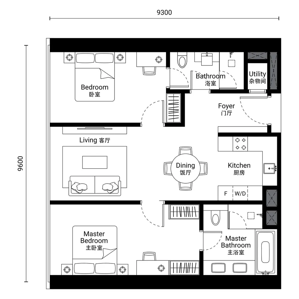 Oxley Towers Tower 1 · Type D-2 floor plan, 956 sq ft (89 m²)