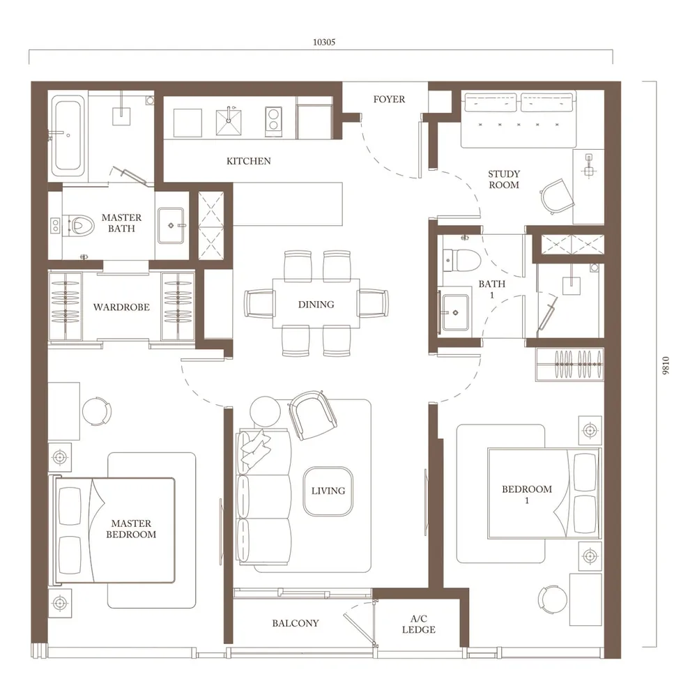 Pavilion Square Type C3 floor plan, 1,100 sq ft (102 m²)