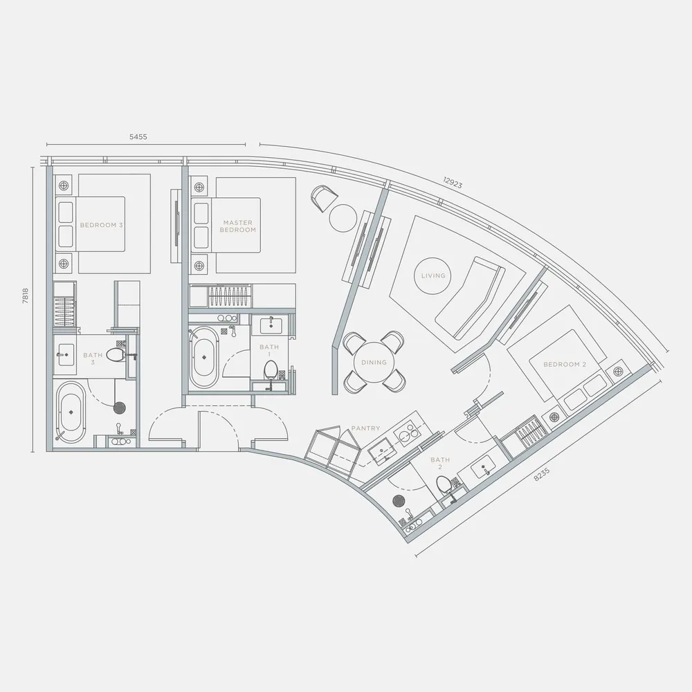 Orion Residence Type D3 dual key floor plan, 1,230 sq ft (114 m²)