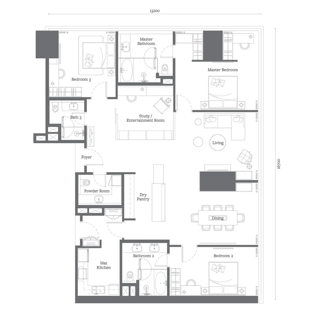 Oxley Towers Tower 2 · Type E1 floor plan, 2,185 sq ft (203 m²)