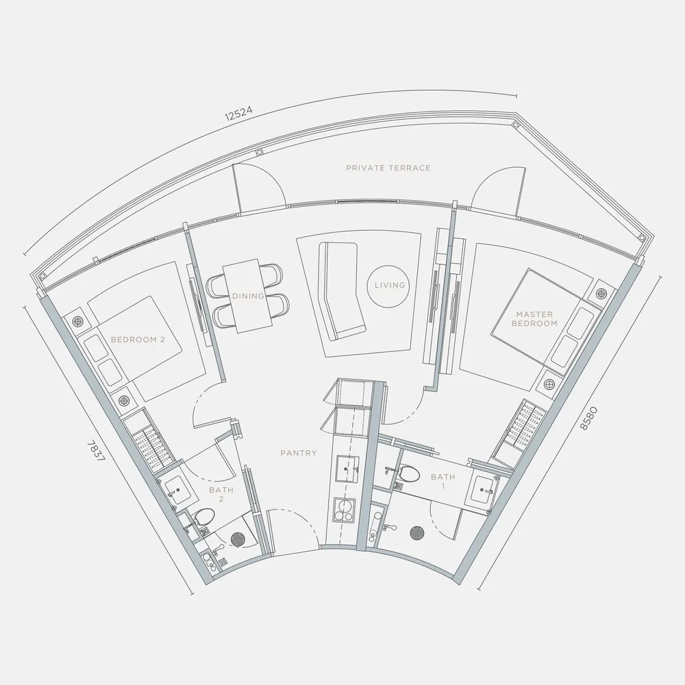 Orion Residence Type C3-T with terrace floor plan, 1,155 sq ft (107 m²)